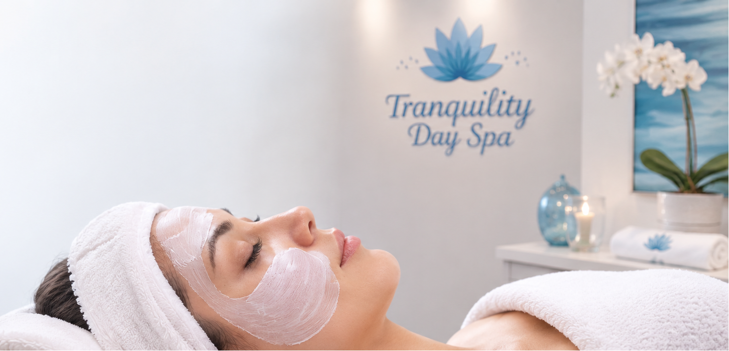 Woman receiving a facial treatment at Tranquility Day Spa with a serene background.